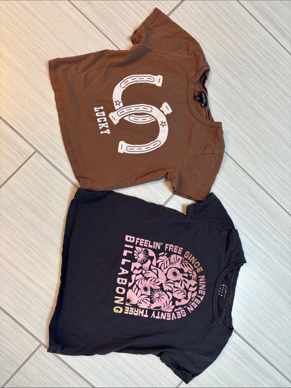 Billabong Black Tee w/Pink Floral Logo and Brown Originality Horseshoe Tee
